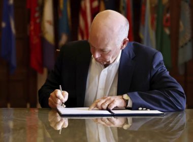 In this photo provided by the Montana Governor's Office, Republican Gov. Greg Gianforte signs a law banning TikTok in the state, May 17, 2023, in Helena, Mont. (Garrett Turner/Montana Governor's Office via AP, File)
