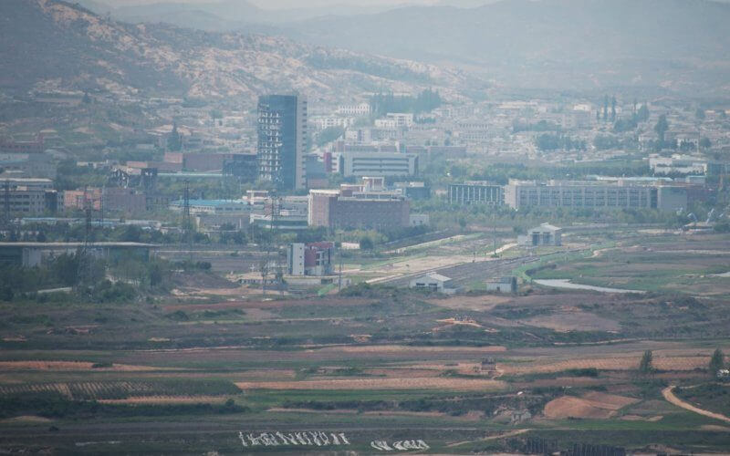 North Korea's town Kaesong is seen from the Dorasan Observatory in the Civilian Control area near the demilitarized zone (DMZ) in Paju, South Korea, on May 2, 2023. Photo by Keizo Mori/UPI