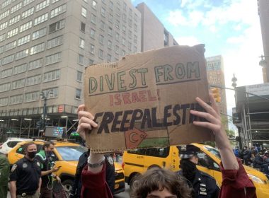 A Boycott, Divestment, and Sanctions protester in New York City / Wikimedia Commons