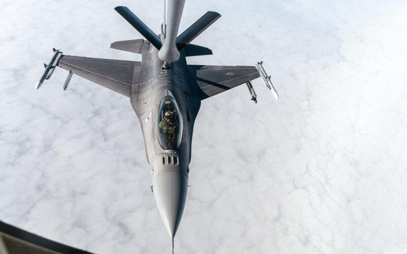 An F-16 Fighting Falcon assigned to the 138th Fighter Wing from Tulsa Air National Guard Base, Oklahoma, is refueled by a KC-135 Stratotanker from McConnell Air Force Base, Kansas, on Jan. 26. File Photo by Senior Airman Zachary Willis/U.S. Air Force