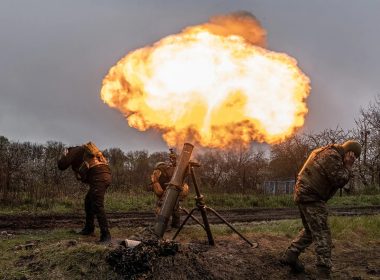 Ukrainian soldiers of the 57th Brigade fire a mortar in the direction of Bakhmut, in Donetsk Oblast, Ukraine on April 20, 2023. (Diego Herrera Carcedo/Anadolu Agency via Getty Images).