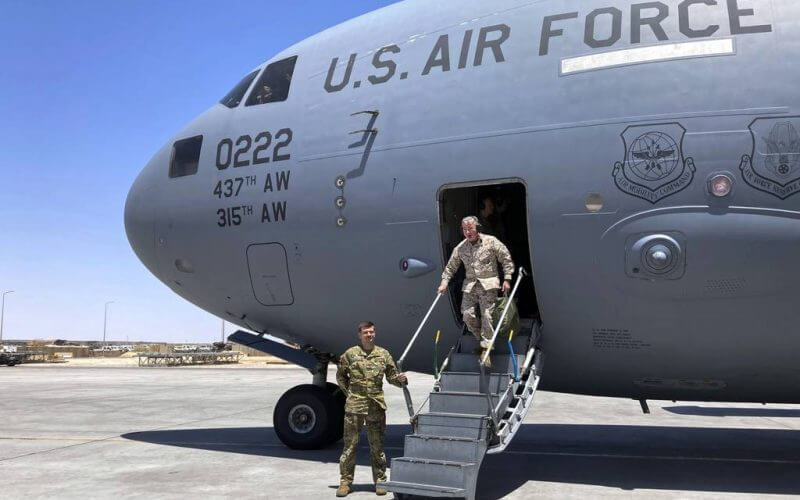 In this May 20, 2021, photo Marine Gen. Frank McKenzie, the head of U.S. Central Command, arrives in Baghdad. (Lolita C. Baldor/AP)