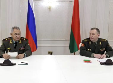 Russian Defense Minister Sergei Shoigu, left, and Belarusian Defense Minister Viktor Khrenin speak to the media after a session of the Council of Defense Ministers of the Collective Security Treaty Organization (CSTO) in Minsk, Belarus, Thursday, May 25, 2023. (Vadim Savitsky/Russian Defense Ministry Press Service via AP)