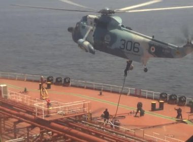 In this frame grab from video footage released Friday April 28, 2023 by the Iranian Navy, Iranian marines rappel onto the Advantage Sweet, a Marshall Islands-flagged oil tanker's deck in the Gulf of Oman. AP