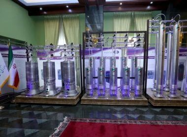A number of new generation Iranian centrifuges are seen on display during Iran's National Nuclear Energy Day in Tehran, Iran April 10, 2021. Iranian Presidency Office/WANA (West Asia News Agency)/Handout via REUTERS