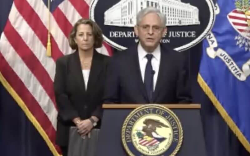 United States Attorney General Merrick Garland announces charges against Chinese companies and executives during a news conference on June 23, 2023. Courtesy of the U.S. Department of Justice