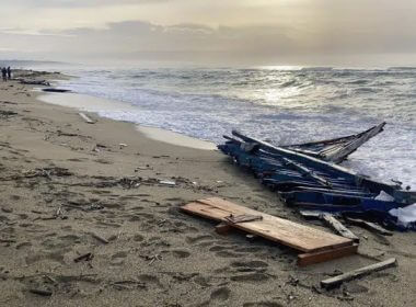 A view of part of the wreckage of a capsized boat that was washed ashore at a beach near Cutro, southern Italy, on Feb. 27, 2023. (AP Photo/Paolo Santalucia, File)