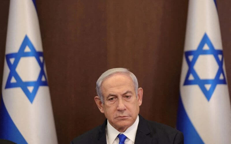 Israeli Prime Minister Benjamin Netanyahu attends the weekly cabinet meeting at the prime minister's office in Jerusalem, 25 June 2023. ABIR SULTAN/Pool via REUTERS