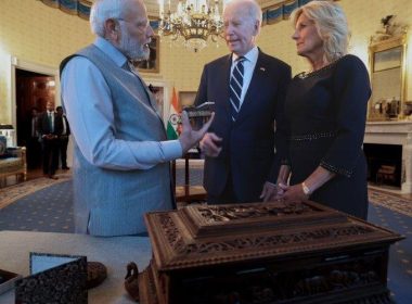 Indian Prime Minister Narendra Modi speaks with U.S. President Joe Biden and first lady Jill Biden at the White House on Wednesday evening. Photo by Indian Prime Minister Narendra Modi/Twitter