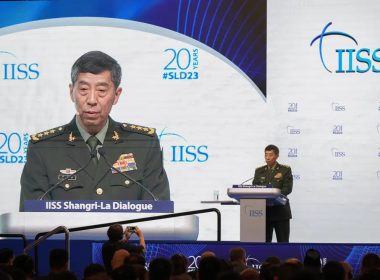 Chinese Defense Minister Gen. Li Shangfu delivers his speech on the last day of the 20th International Institute for Strategic Studies (IISS) Shangri-La Dialogue, Asia's annual defense and security forum, in Singapore, Sunday, June 4, 2023. (AP Photo/Vincent Thian)