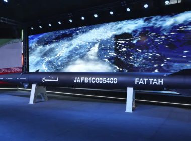 Fattah missile is unveiled in a ceremony in Tehran, Iran, Tuesday, June 6, 2023. (Hossein Zohrevand/Tasnim News Agency via AP)