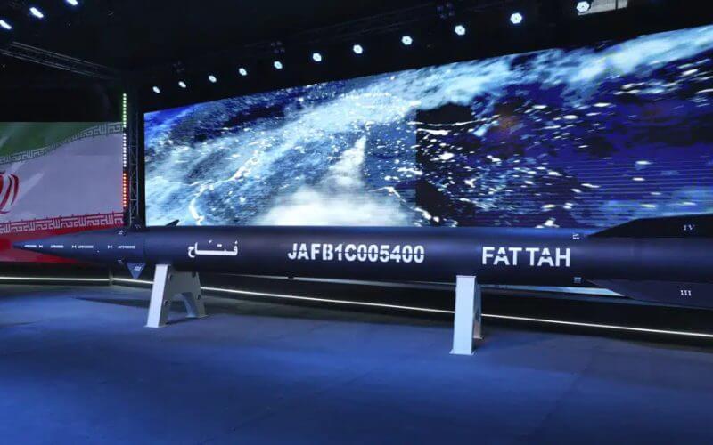 Fattah missile is unveiled in a ceremony in Tehran, Iran, Tuesday, June 6, 2023. (Hossein Zohrevand/Tasnim News Agency via AP)
