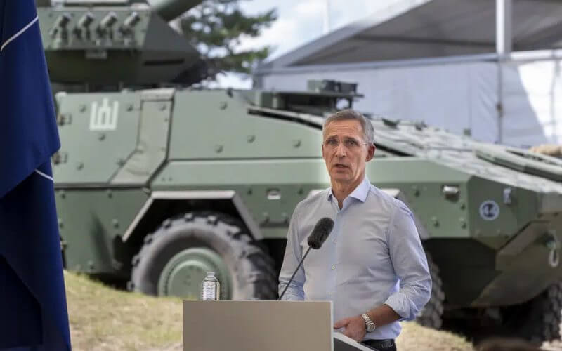 NATO Secretary General Jens Stoltenberg speaks during a press conference at Exercise Griffin Storm 2023 during the visit to the Training Range in Pabrade, some 60km, (38 miles) north of the capital Vilnius, Lithuania, Monday, June 26, 2023. (AP Photo/Mindaugas Kulbis)