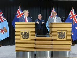 Fiji Prime Minister Sitiveni Rabuka, right, and New Zealand Prime Minister Chris Hipkins answer questions at a media conference in Wellington, New Zealand, Wednesday, June 7, 2023. (AP Photo/Nick Perry)
