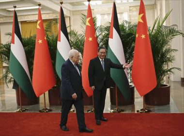 Chinese Premier Li Qiang, right, receives Palestinian President Mahmud Abbas at the Great Hall of the People in Beijing on Thursday, June 15, 2023. (Jade Gao/Pool Photo via AP)