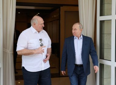 Russian President Vladimir Putin and Belarusian President Alexander Lukashenko speak during a meeting at the Bocharov Ruchei residence in Sochi, Russia June 9, 2023. Sputnik/Gavriil Grigorov
