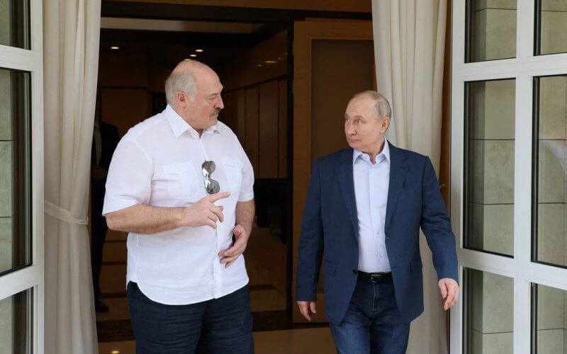 Russian President Vladimir Putin and Belarusian President Alexander Lukashenko speak during a meeting at the Bocharov Ruchei residence in Sochi, Russia June 9, 2023. Sputnik/Gavriil Grigorov