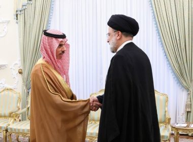 A handout photo made available by the Iranian Presidency shows Iranian President Ebrahim Raisi (R) greeting Saudi Foreign Minister Feisal Bin Farhan (L) during a meeting in Tehran on Saturday. Photo by EPA-EFE