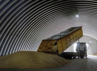 A dump track unloads grain in a granary in the village of Zghurivka, Ukraine, on Aug. 9, 2022. (AP Photo/Efrem Lukatsky, File)