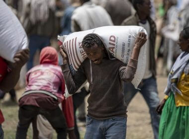 An Ethiopian man carries a sack of wheat on his shoulders to be distributed by the Relief Society of Tigray in the town of Agula, in the Tigray region of northern Ethiopia, on Saturday, May 8, 2021. (AP Photo/Ben Curtis)