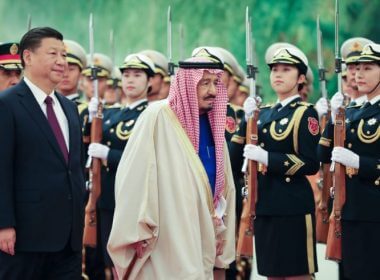 Chinese president Xi Jinping accompanies Saudi Arabia's king Salman bin Abdulaziz Al Saud listen to their national anthems during a welcoming ceremony inside the Great Hall of the People on March 16, 2017 in Beijing, China. / Getty Images