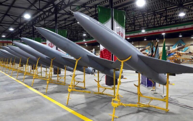 In this picture released by the official website of the Iranian army on April 20, 2023, Iran-made drones are displayed. The Ministry of Defense said it delivered more than 200 long-range strategic drones to the army. (Iranian army via AP)