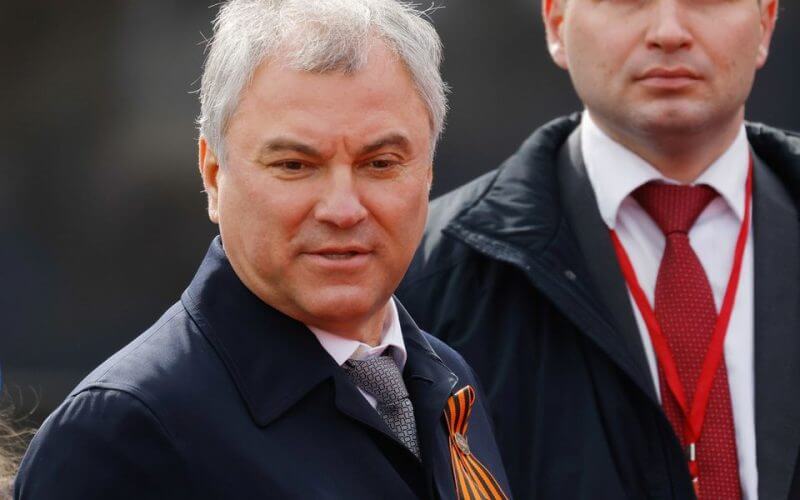 Russia's State Duma Speaker Vyacheslav Volodin attends a military parade on Victory Day, which marks the 77th anniversary of the victory over Nazi Germany in World War Two, in Red Square in central Moscow, Russia May 9, 2022. REUTERS