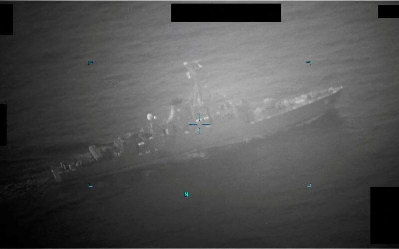 A still image obtained from a handout video which captured M/T Richmond Voyager being approached by an Iranian naval vessel during an attempt to unlawfully seize the commercial tanker, according to U.S. Navy, in the Gulf of Oman, provided by U.S. Navy on July 5, 2023. U.S. Naval Forces Central Command/U.S. 5th Fleet/Handout via REUTERS