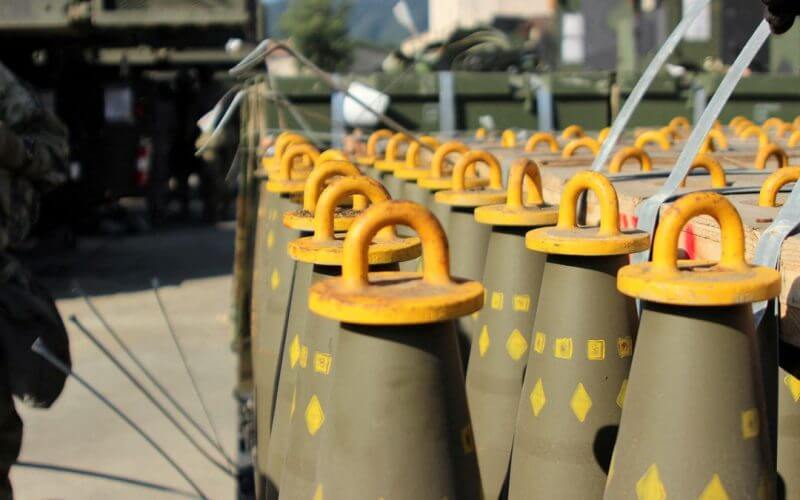 Dozens of 155mm Base Burn Dual Purpose Improved Conventional Munitions (DPICM) rounds wait to be loaded at a U.S. Army motor pool at Camp Hovey, South Korea September 20, 2016. U.S. Army/2nd Lt. Gabriel Jenko/Handout via REUTERS