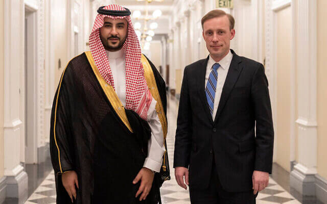 Saudi Arabia's Deputy Defense Minister Khalid bin Salman (L) and US National Security Adviser Jake Sullivan meet at the White House on May 18, 2022. (Khalid bin Salman/Twitter)