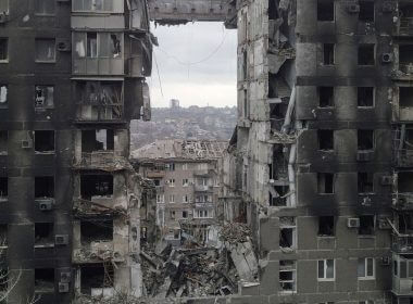 A view shows a residential building destroyed in the course of Ukraine-Russia conflict in the southern port city of Mariupol, Ukraine April 14, 2022. Picture taken with a drone. REUTERS