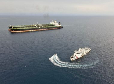 Patrol vessel KN. Pulau Marore-322, owned by Indonesia's Maritime Security Agency (Bakamla) patrols to inspect the Iranian-flagged Very Large Crude Carrier (VLCC), MT Arman 114, and the Cameroon-flagged MT S Tinos, as they were spotted conducting a ship-to-ship oil transfer without a permit, according to Indonesia's Maritime Security Agency (Bakamla), near Indonesia's North Natuna Sea, Indonesia, July 7, 2023 in this handout picture released July 11, 2023. Indonesia's Maritime Security Agency (Bakamla) / Handout via REUTERS