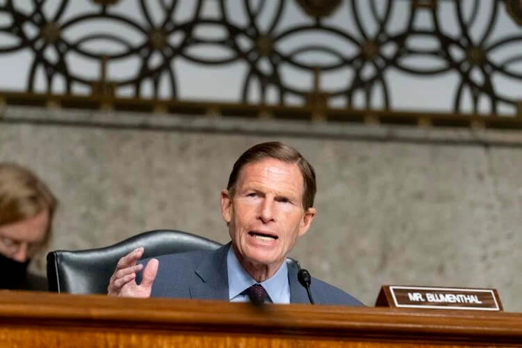 U.S. Sen. Richard Blumenthal, D-Conn., speaks March 25, 2021, during a hearing on Capitol Hill in Washington. Andrew Harnik / AP Photo
