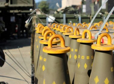 Dozens of 155mm Base Burn Dual Purpose Improved Conventional Munitions (DPICM) rounds wait to be loaded at a U.S. Army motor pool at Camp Hovey, South Korea September 20, 2016. U.S. Army/2nd Lt. Gabriel Jenko