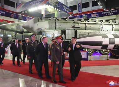 North Korean leader Kim Jong Un, right, with Russian delegation led by its Defense Minister Sergei Shoigu visits an arms exhibition Wednesday in Pyongyang, North Korea, on the occasion of the 70th anniversary of the armistice that halted fighting in the 1950-53 Korean War. (Korean Central News Agency/Korea News Service via AP)