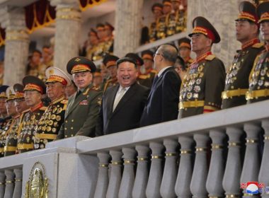 North Korean leader Kim Jong Un (C) has reaffirmed his country’s close military ties with China in a high-level meeting held Friday, one day after hosting a major military parade to celebrate the 70th anniversary of the end of the Korean War (pictured). Photo by the Korean Central News Agency
