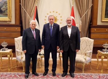 Turkey's President Tayyip Erdogan meets with Palestinian President Mahmoud Abbas and Palestinian group Hamas' top leader Ismail Haniyeh at the Presidential Palace in Ankara, Turkey, July 26, 2023. Palestinian President Office(PPO)/Handout via REUTERS
