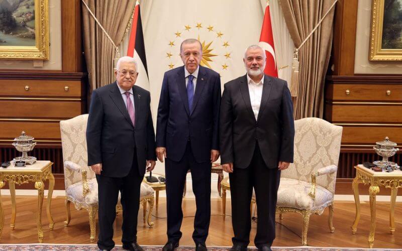 Turkey's President Tayyip Erdogan meets with Palestinian President Mahmoud Abbas and Palestinian group Hamas' top leader Ismail Haniyeh at the Presidential Palace in Ankara, Turkey, July 26, 2023. Palestinian President Office(PPO)/Handout via REUTERS