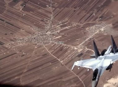 In this image from video released by the U.S. Air Force, a Russian SU-35 flies near a U.S. Air Force MQ-9 Reaper drone on Wednesday, July 5, 2023, over Syria (U.S. Air Force via AP)