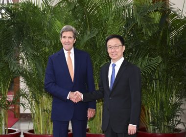 In this photo released by Xinhua News Agency, U.S. Special Presidential Envoy for Climate John Kerry, left, shakes hands with Chinese Vice President Han Zheng during a meeting in Beijing, Wednesday, July 19, 2023. China is willing to work with Washington on reducing global warming as long as its political demands are met, Han told Kerry on Wednesday. (Zhang Ling/Xinhua via AP)