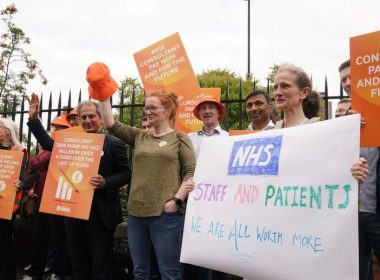 Consultant members of the British Medical Association (BMA) during a rally at the BMA headquarters in London, as consultants in England take industrial action for the first time in more than a decade, Thursday July 20, 2023. (James Manning/PA via AP)