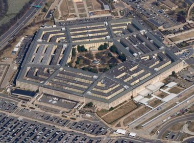 The Pentagon is seen from Air Force One as it flies over Washington, March 2, 2022. (AP Photo/Patrick Semansky, File)