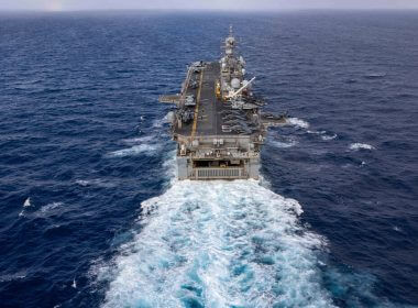 The Wasp-class amphibious assault ship USS Bataan travels through the Atlantic Ocean on July 20, 2023. (Mass Communication Specialist 2nd Class Danilo Reynoso/U.S. Navy, via AP)