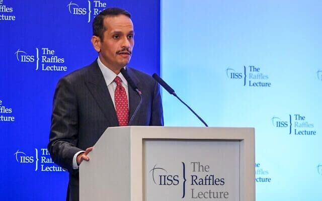 Qatar's Prime Minister Mohammed bin Abdulrahman Al-Thani delivers a speech at the IISS Raffles Lecture in Singapore on August 25, 2023. (Roslan RAHMAN / AFP)