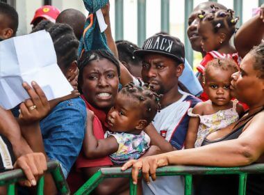 Migrants of different nationalities queueing at the Mexican National Institute of Migration in Tapachula, Chiapas State, Mexico, near the Guatemalan border, in June. QUETZALLI BLANCO/AFP/Getty Images