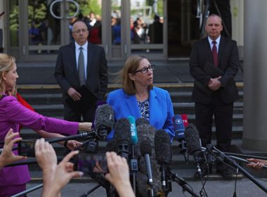 U.S. Ambassador to Russia Lynne Tracy speaks to the media outside a court building after a hearing to consider an appeal against the detention of Wall Street Journal reporter Evan Gershkovich, who was arrested in March while on a reporting trip and accused of espionage, in Moscow, Russia June 22, 2023. REUTERS