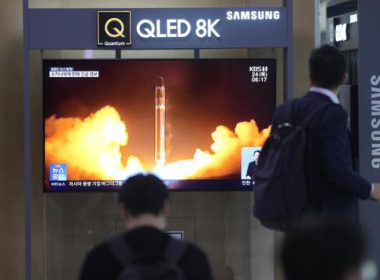 A TV screen shows a report of North Korea's rocket launch with file image during a news program at the Seoul Railway Station in Seoul, South Korea, Thursday, Aug. 24, 2023. (Lee Jin-man / Associated Press)