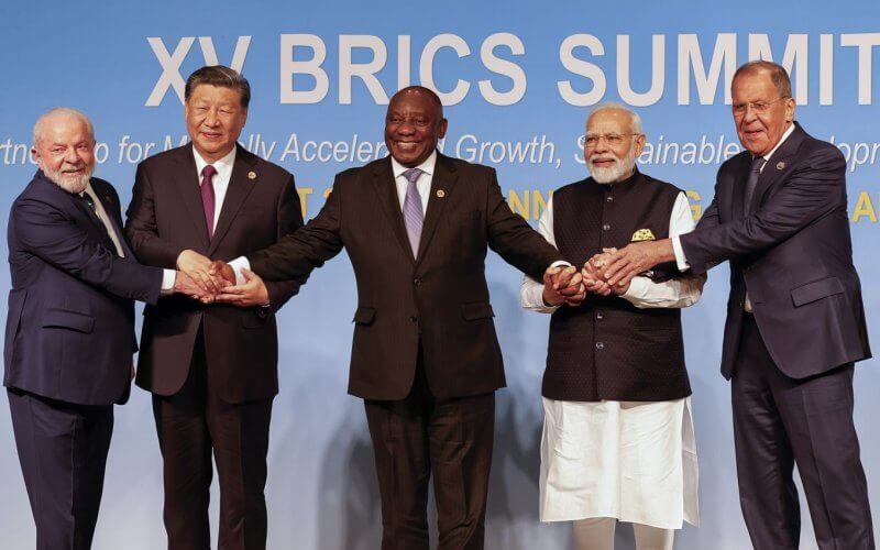 Left to right, President of Brazil Luiz Inacio Lula da Silva, President of China Xi Jinping, South African President Cyril Ramaphosa, Prime Minister of India Narendra Modi and Russia's Foreign Minister Sergei Lavrov pose for a BRICS family photo during the 2023 BRICS Summit at the Sandton Convention Center in Johannesburg on Wednesday. Photo by Gianluigi Guercia/UPI