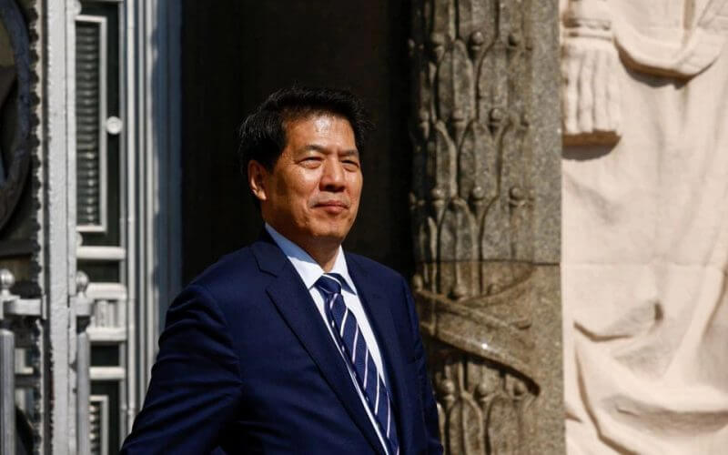 Chinese Special Envoy for Eurasian Affairs Li Hui leaves the headquarters of the Russian foreign ministry following talks in Moscow, Russia, May 26, 2023. REUTERS