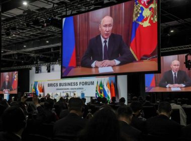 Vladimir Putin, president of Russia, speaks by way of videotaped message on the first day of the BRICS summit at Sandton Convention Center on Tuesday in Johannesburg, South Africa. Photo by Jemal Countess/UPI